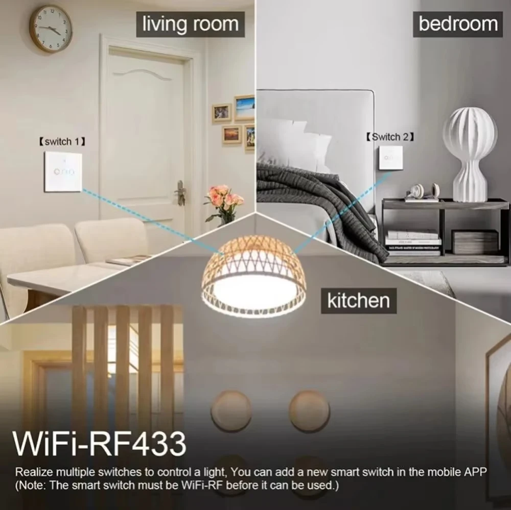 Tuya WiFi สมาร์ทสวิทช์ EU Light Wall Touch Switch ทํางานร่วมกับ Alexa Google Home ไม่มี Neutral Wire 433RF Remote Sensor 1/2 /3 Gang