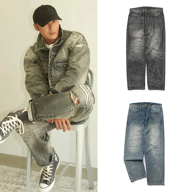 

Джинсы MADN 23AW Limited Wu Wen Le Knife Cut с эффектом потертости, простые, из денима, молодежные, трендовые, прямого кроя, свободные