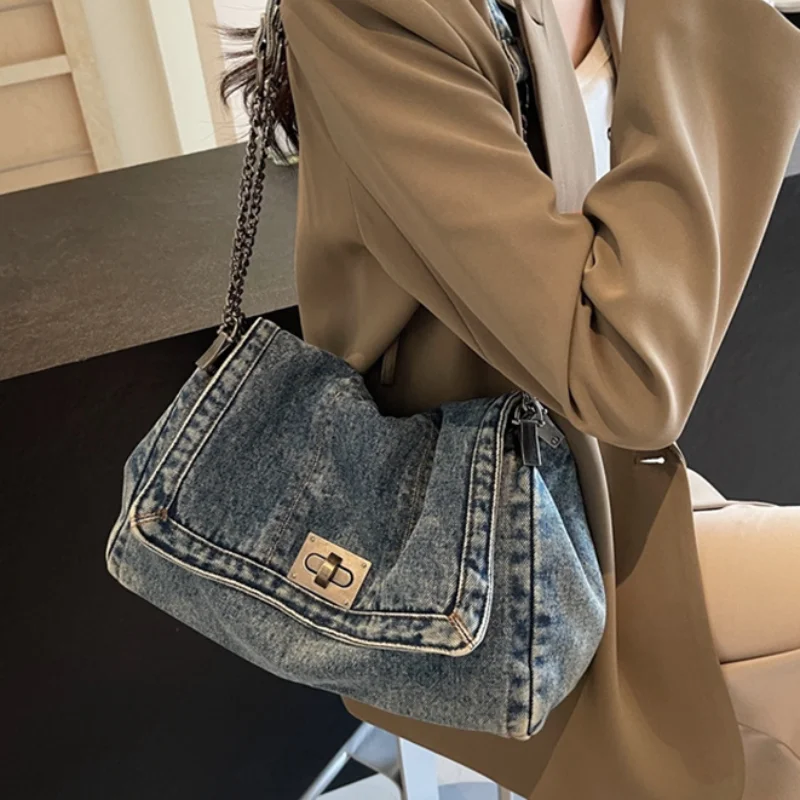 

Lock Denim Bag Summer Large Capacity Chain Handbag Business Trip Fashion All-match Work Commuting Travel Shoulder Messenger Bag