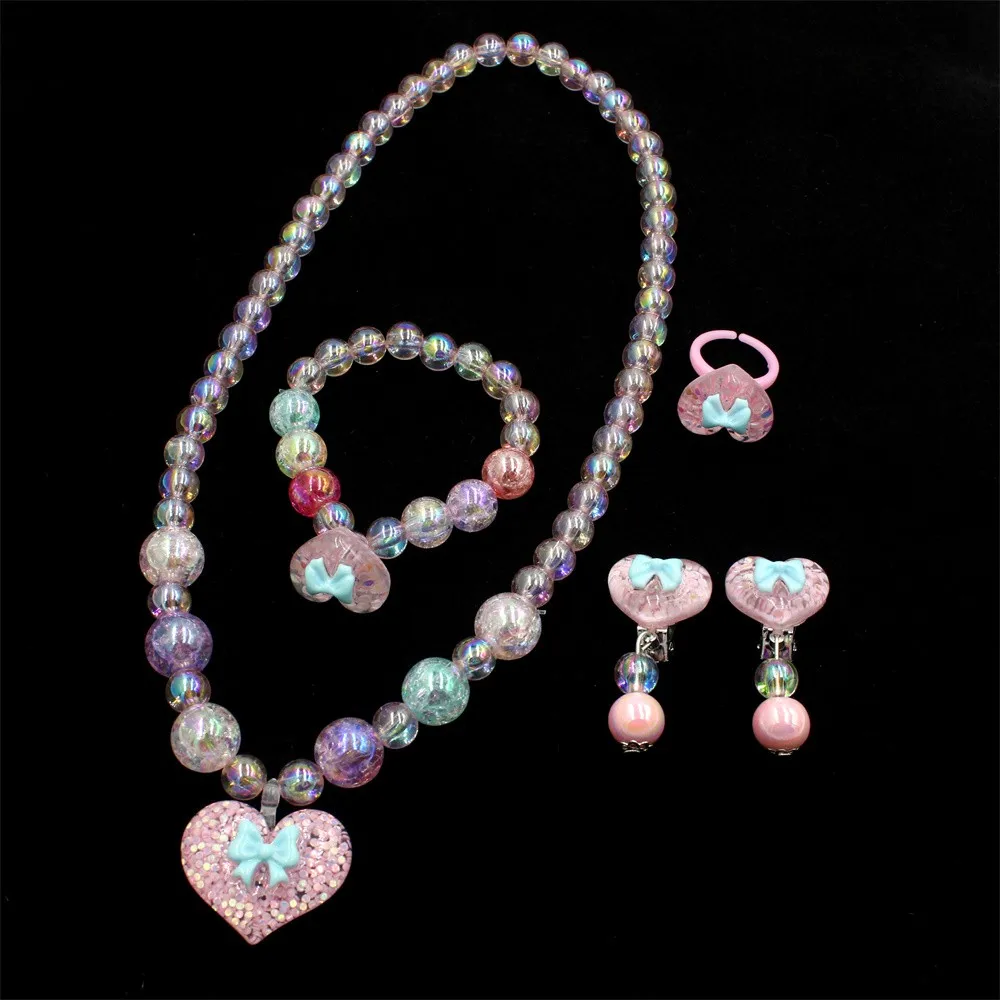 5 unids/set lindo amor hecho a mano collar de cuentas, pulsera, anillo, pendientes conjunto de joyería en forma de corazón regalo perfecto para la pequeña princesa