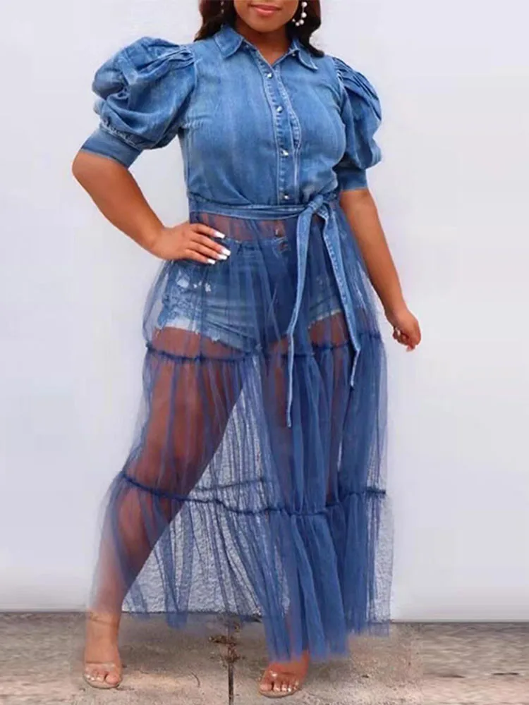 Plus Size Dresses Women Clothing Elegant Shirt Long Denim Dress Mesh Patchwork Ladies Jeans Dress Wholesale Bulk Dropshipping