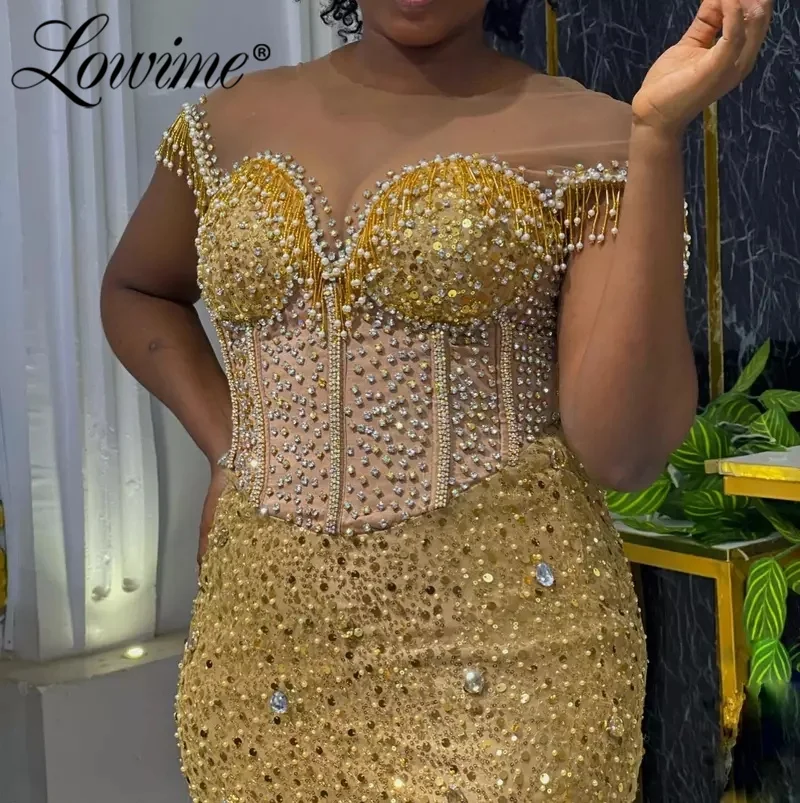 Plus Size African Formal Occasion Dresses Gold Beaded Evening Dress Gowns Customized Mermaid Crystal Stones Vestidos De Fiesta