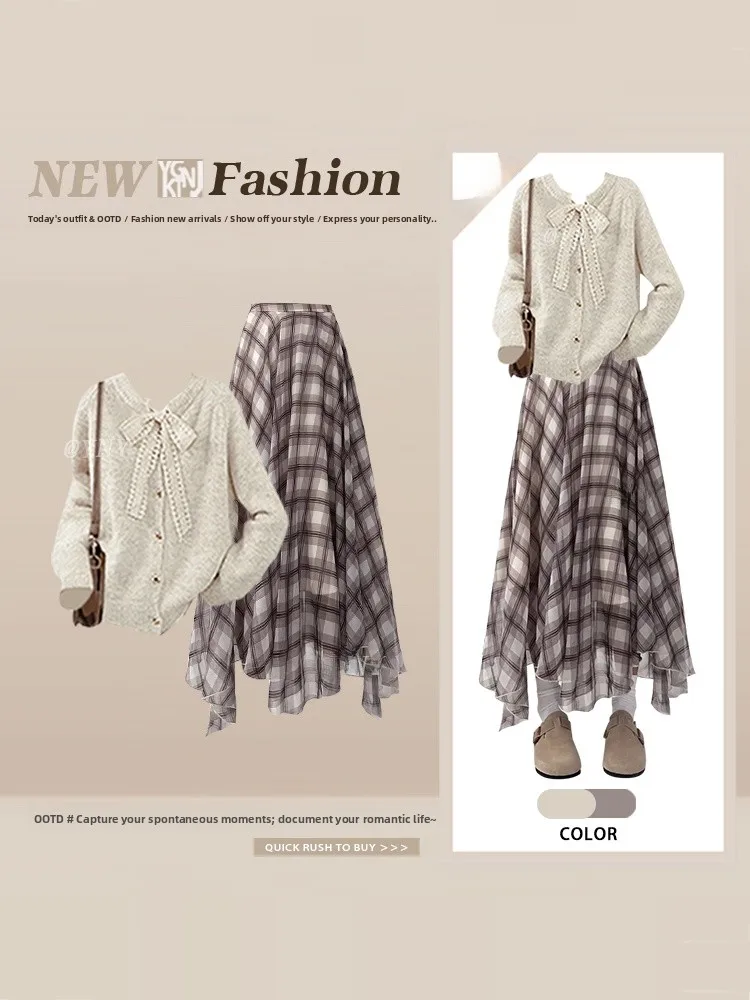 

Winter Women's Fashion Knitted Cardigan with Bow Tie Plaid Skirt Set Long Sleeve round Neck Warm Atmosphere Ensemble