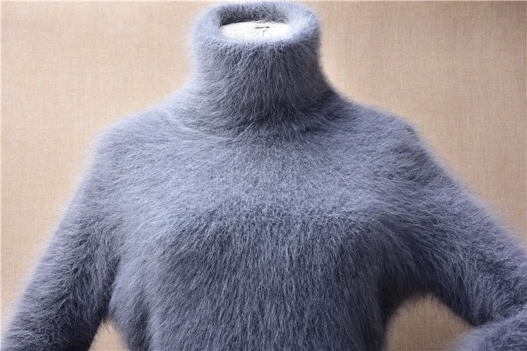 Panie Kobiety Jesień Zima Moda Krótkie Przycięte Owłosione Włosy Angora Królika Turtleneck Długie Rękawy Wąskie Bluzki Sweter Pullover