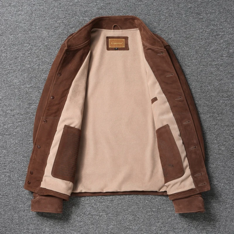 سترات من جلد البقر البني للرجال معطف أينشتاين من الجلد الطبيعي سترة بقصة ضيقة ملابس رجال الأعمال للخريف #3