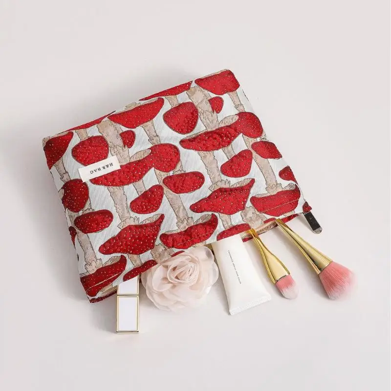 New Retro Art Mushroom Jacquard Fabric Makeup Bag Women Zipper Square Pouch Clutch Cosmetic Travel Toiletry Bag view 4