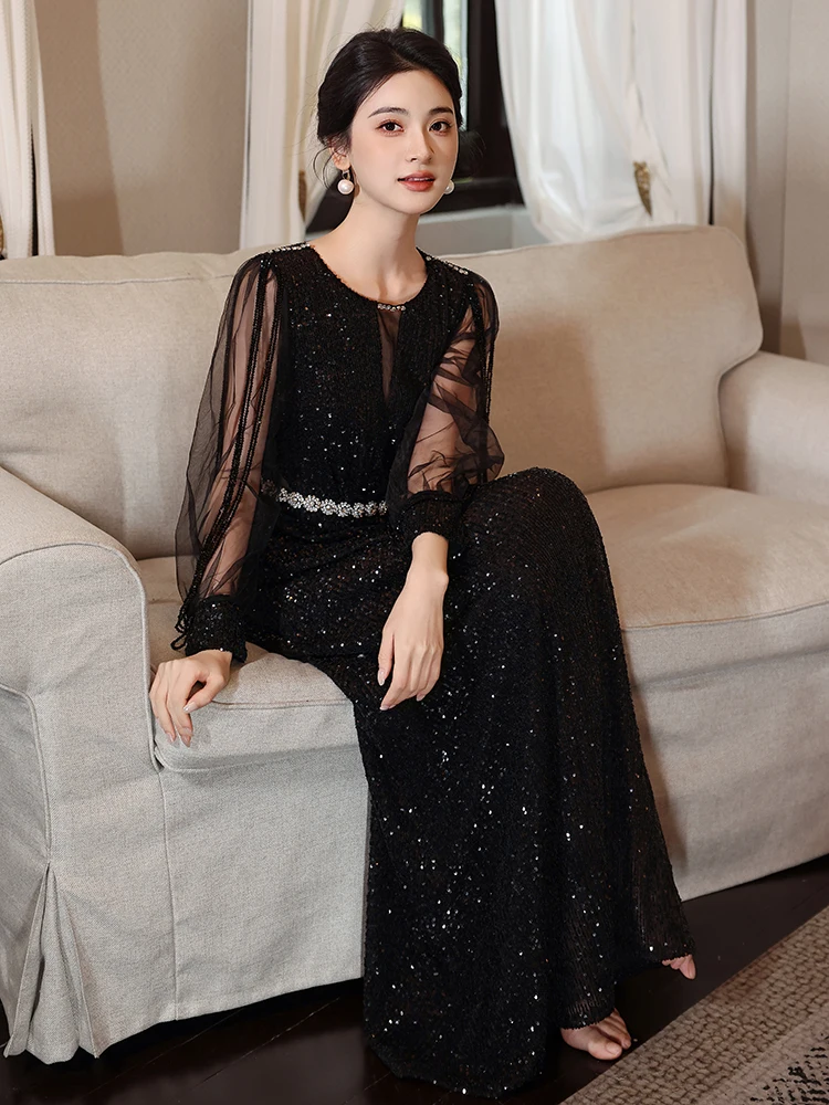 

Bla Sequin Tassel Evening Gown Women's Birthday Long Sve High-End Ele Dr for Cany Yearly Dinner Adult Ceremony