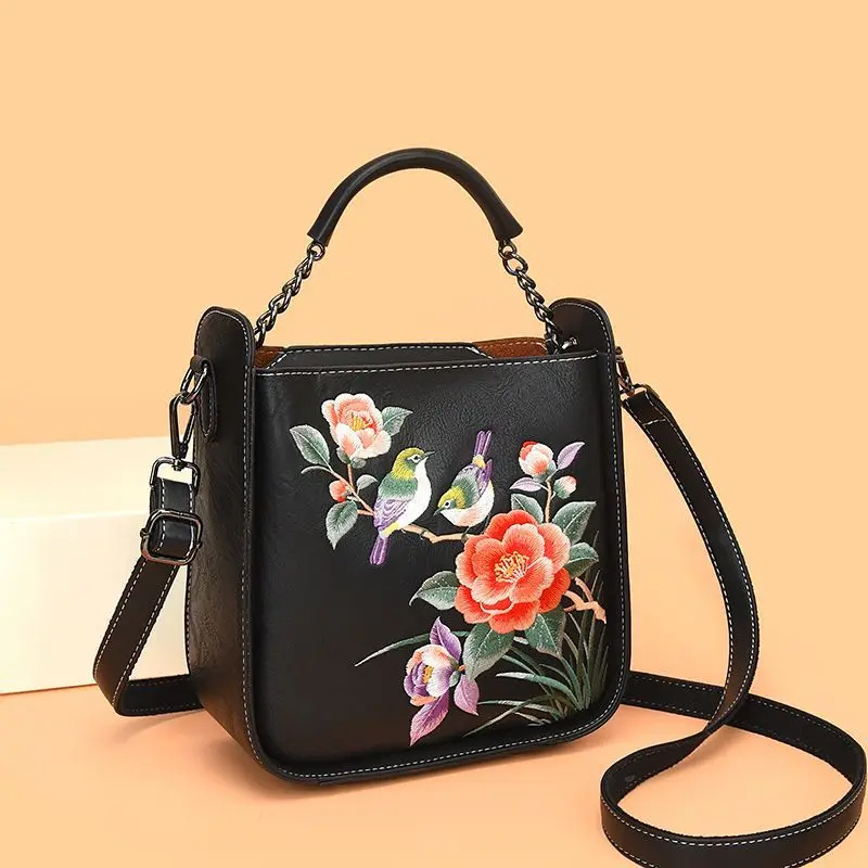 Green White Purple Blue Red Yellow Brown Embroidery Flower Bird Print Crossbody Shoulder Bag PU Leather Phone Purse for Women