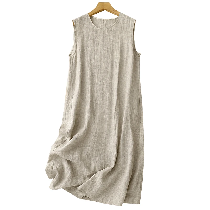 2025 sommer Neue Hochwertige Modische Baumwolle Leinen Weste Kleid frauen Lose-fit Rundhals Einfarbig Grundlegende kleid N848