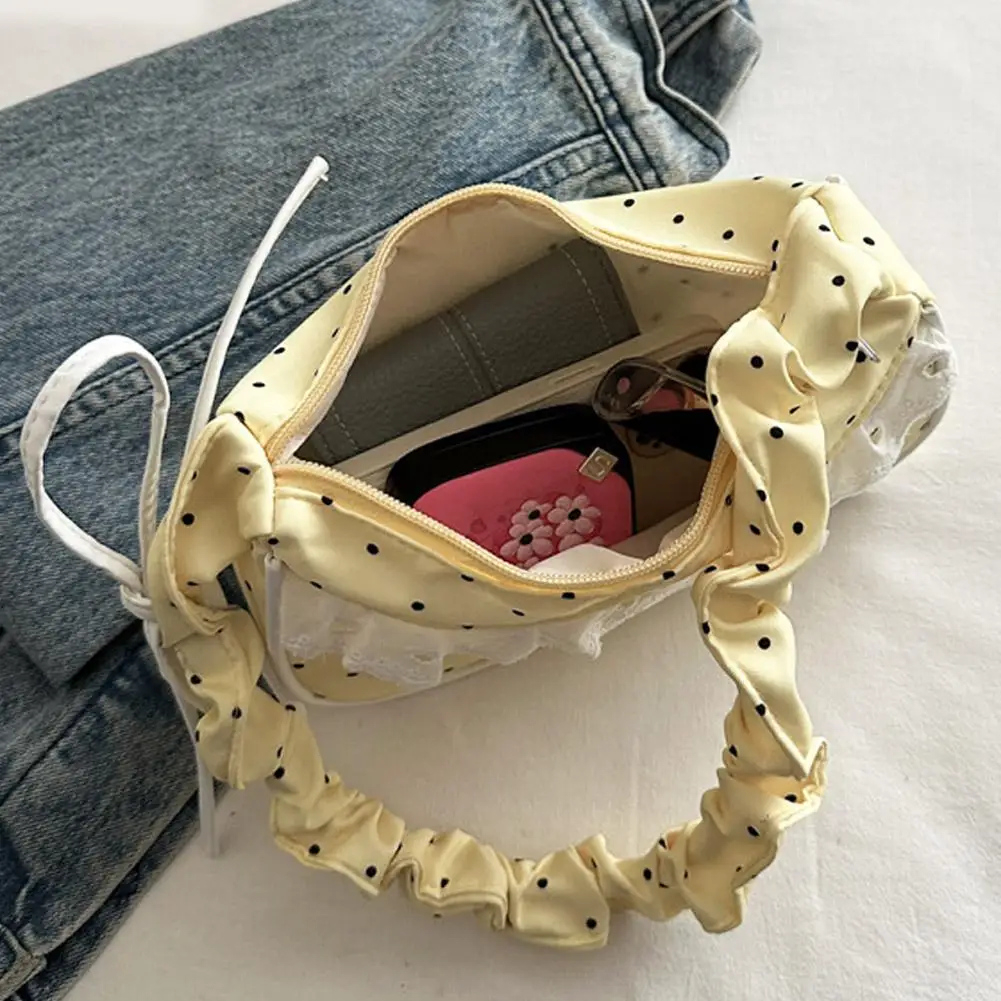 Lace Polka Dot Shoulder Bag Stretchable Strap Large Capacity Pleated Underarm Bag Polyester Multi-Color French Stick Handbag