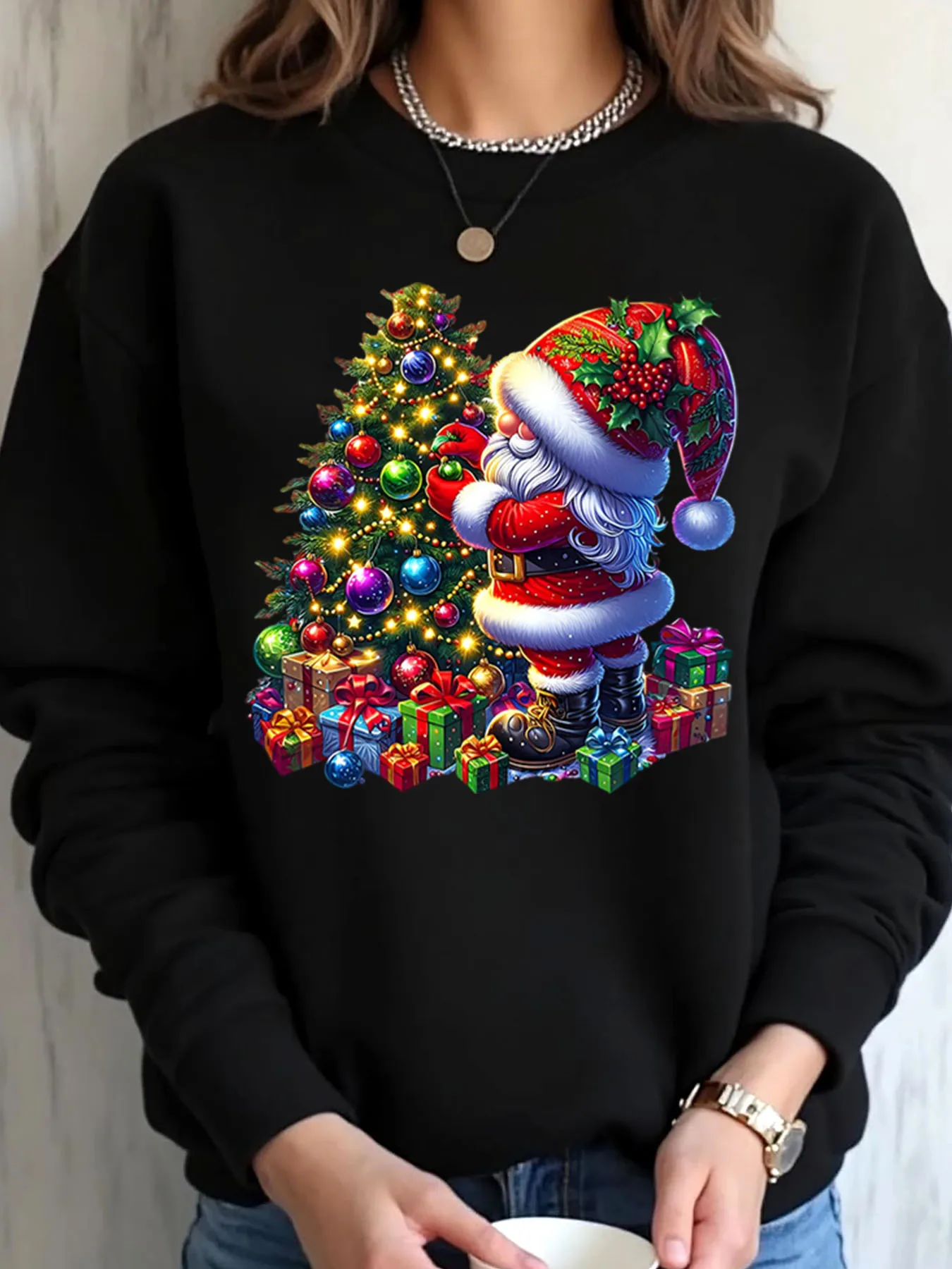

Женская толстовка большого размера с рождественским Санта-Клаусом и принтом подарков, верхняя одежда