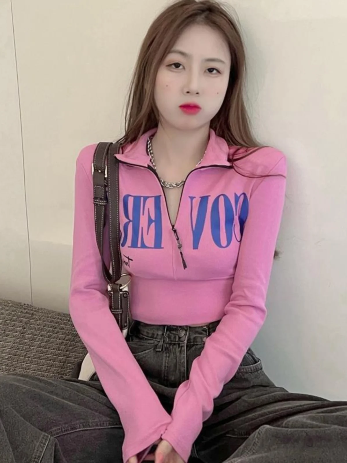 Slim Fit Long Sve  Ne T-irt Women's Faionable ort Sle Korean Version Printed Thin Autumn New Design Sensual