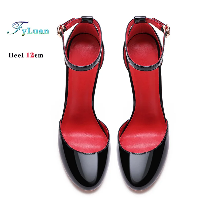 Black Patent Leather Women Ankle Strap Stiletto Pumps 10cm 12cm Professional High Heels Pointed Toe Sexy Summer Buckle Sandals