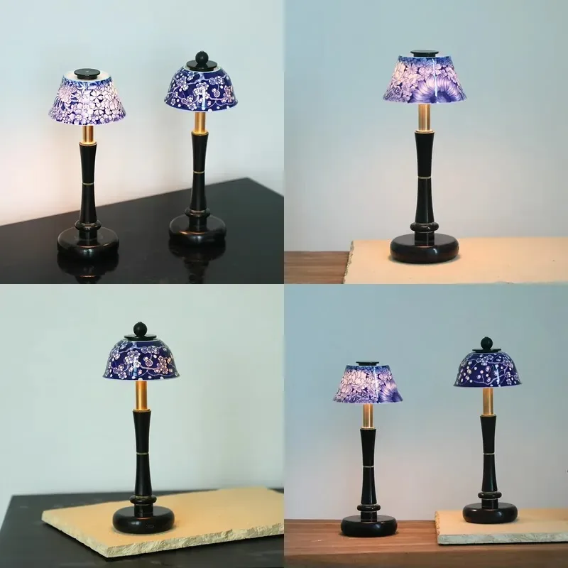 for Handmade blue and white ceramic night light retro brass mahogany base touch control ambient light suitable for
