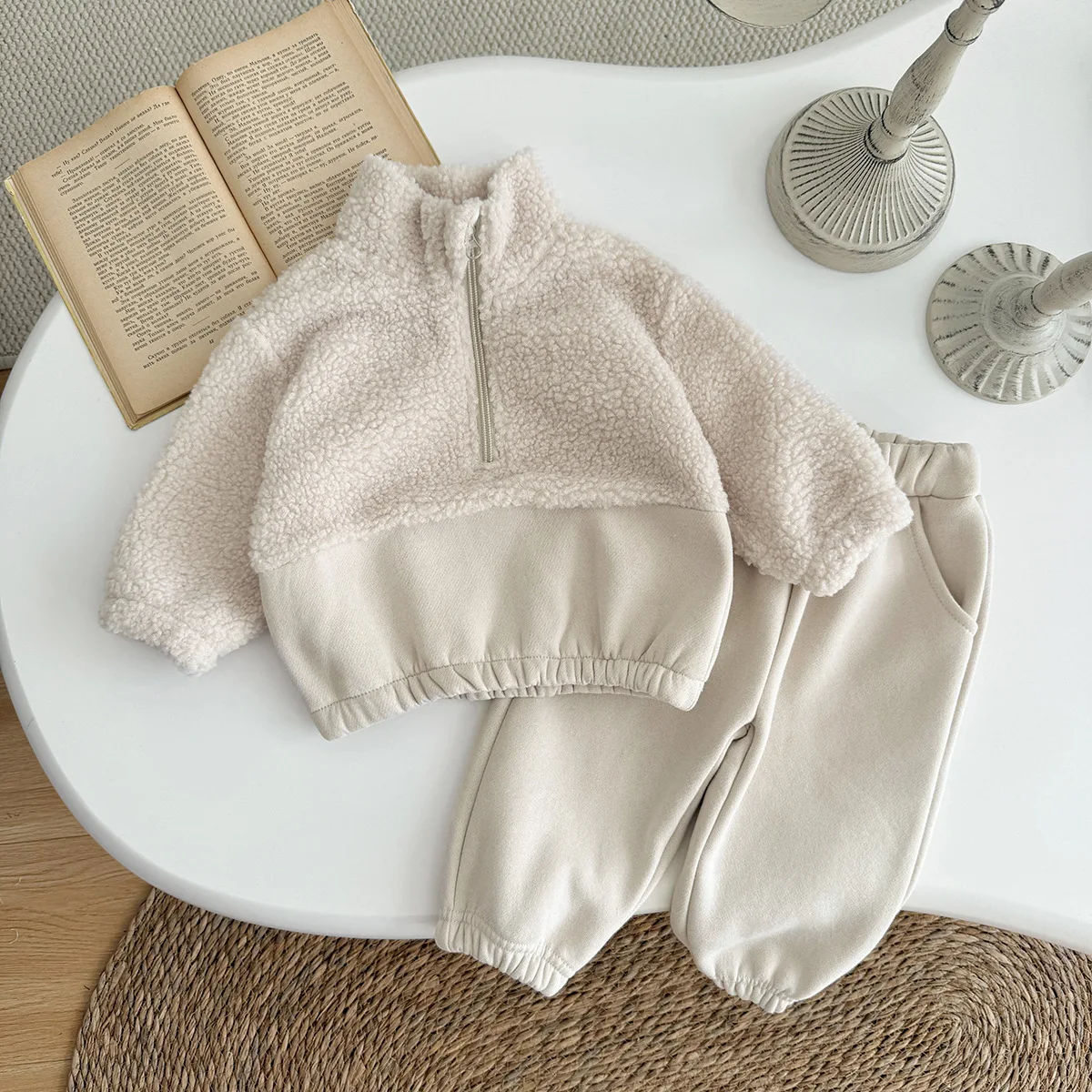 2026 New Winter Baby Toddler Thermal Suit Lamb Fleece Warm Clothing Sets Unisex Color Blocked High Neck Top+ Pants 2Pcs Outwear