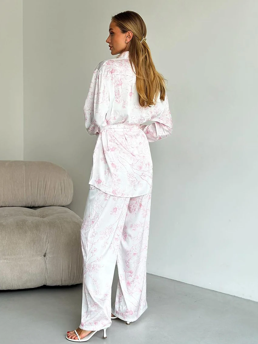 Marthaqiqi Printing Female Nightgown Suit Long Sleeve Pajama Turn-Down Collar Sleepwear Pants Causal Women Nightwear 2 Piece Set