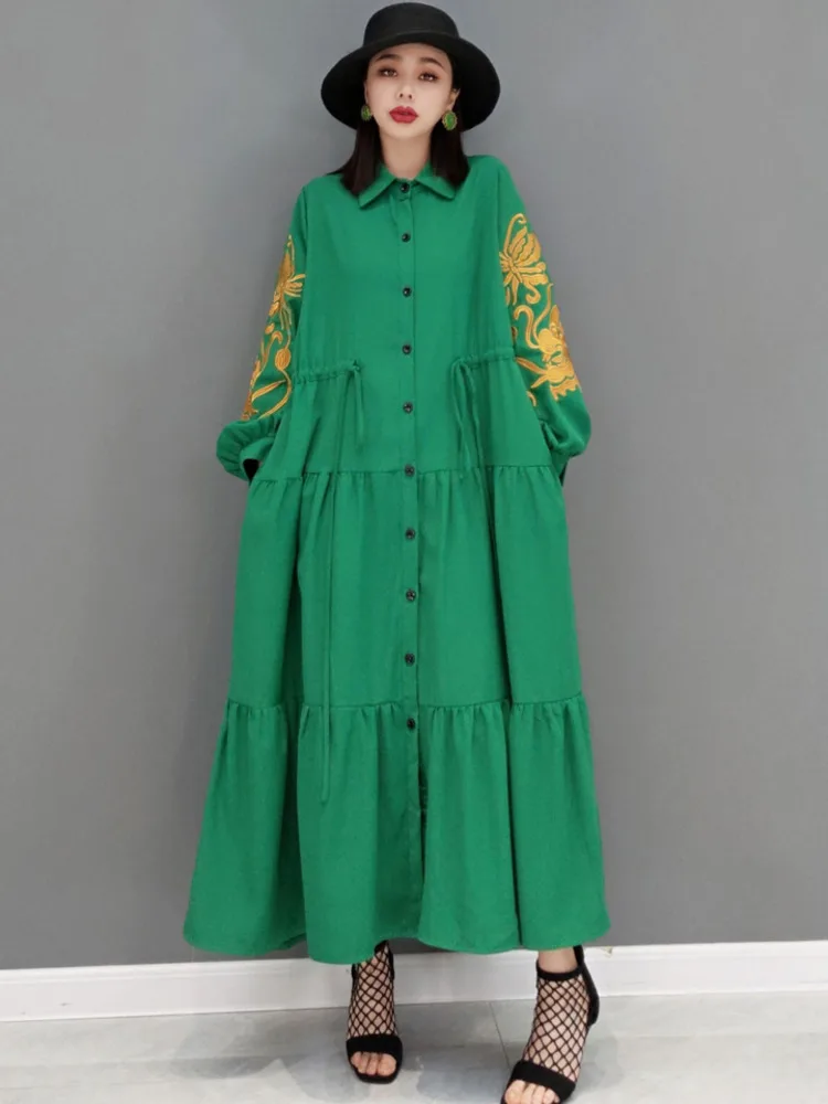 SHENGPALAE Fashion Embroidery Green Derss Women Spring 2024 New Laple Single Breasted Loose Long Sleeve Mid-calf Dresses 5E8968