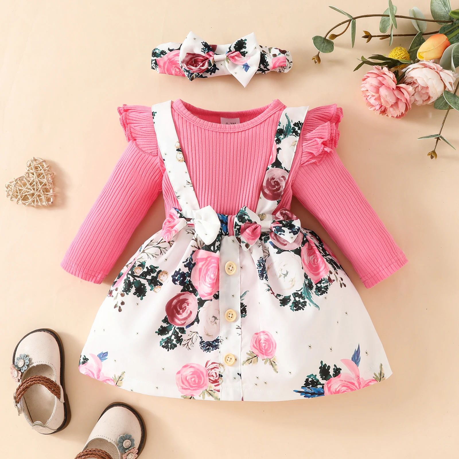 3Pcs baby girl sweet long sleeve top flower back skirt set Long sleeve triangle onesie + dress + headband Spring and Autumn set