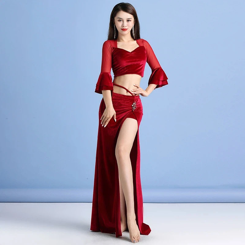 

Новый осенне-зимний комплект для восточных танцев: сетчатый бархатный сексуальный костюм для выступлений и тренировок для женщин