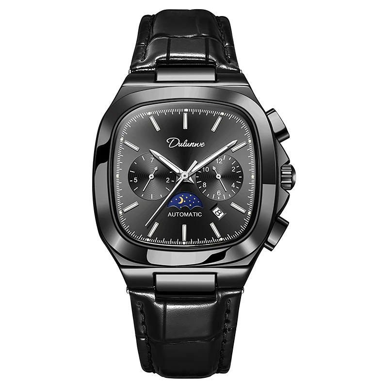 

DULUNWE Men's Chronograph Watch, Square Dial, Mechanical Movement, Moon Phase, Waterproof, Calendar, Vintage Style, New