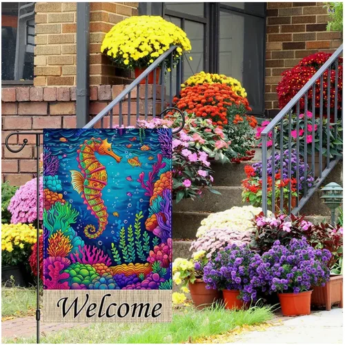 Colorful Welcome Garden Flags Sea Horse Ocean  Garden Flag 12x18