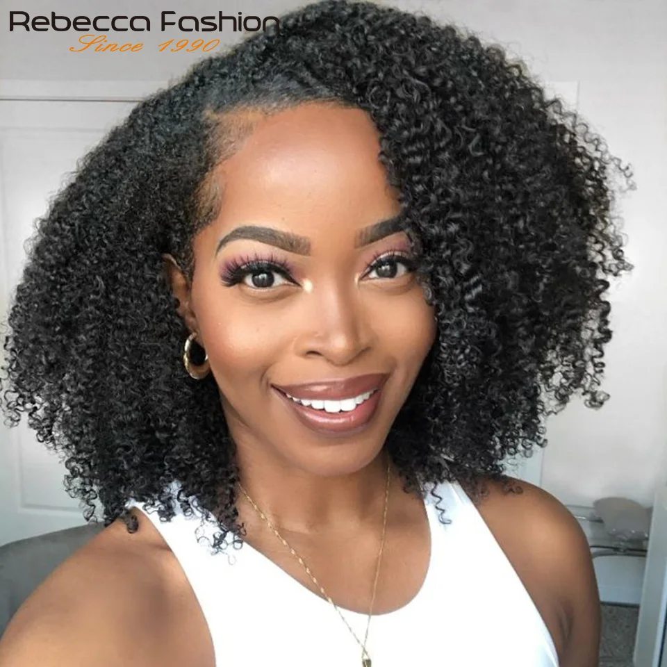 Rebecca Afro Kinky Curly Human Hair Lace Wigs For Women Curly Bob Lace Front Wigs Brown Burgundy Human Hair Wigs With Highlights