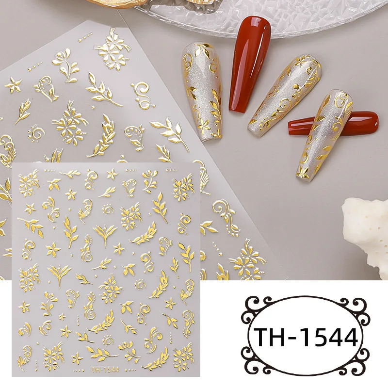 Nuevas pegatinas para uñas, pegatinas 3D para uñas con estampado en caliente, ramas y hojas de flores DIY, pegatinas doradas brillantes para uñas estilo INS