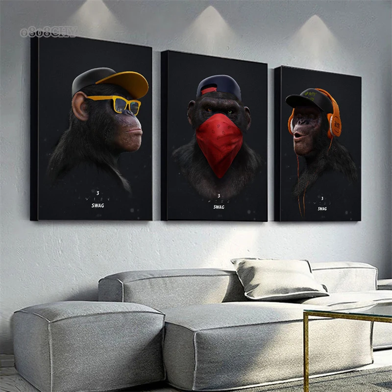 Three Cool Hip Hop Orangutans Canvas Painting Three Wise Swag Posters Listening To Music Monkeys Pictures for Home Decoration