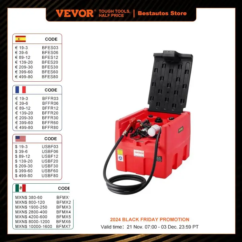 VEVOR 48 Gal Portable Diesel Fuel Tank 10.6GPM with 12V Electric Pump 13.1ft Hose Gasoline Transfer Tank for Fuel Transportation