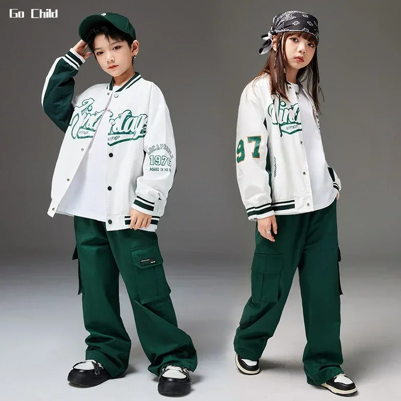 

Girls Hip Hop Bomber Letters Jacket Cargo Pants Boys Stage Baseball Coat Child Street Dance Wear Clothes Sets Kids Jazz Costumes