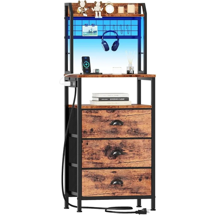 

44'' Tall Nightstand with Charging Station Bedside Table with LED Lights End Table with 3 Drawers and Storage Shelves Night Sta