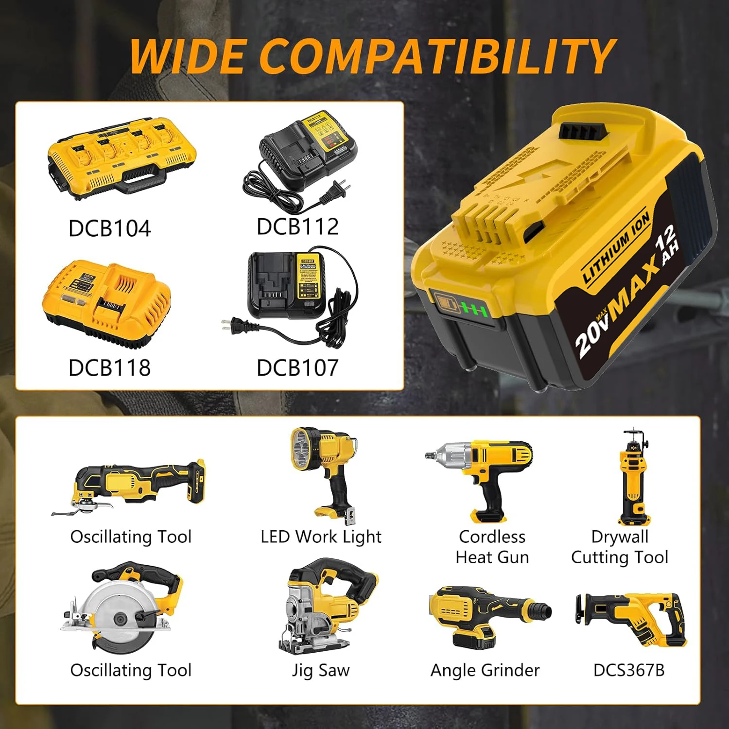 VANON 2Pack DCB205 12.0Ah Replace for Dewalt DCB200 DCB201 DCB204 DCB206 20V Max Li-on Battery Pin Suit for 20V Power Tools