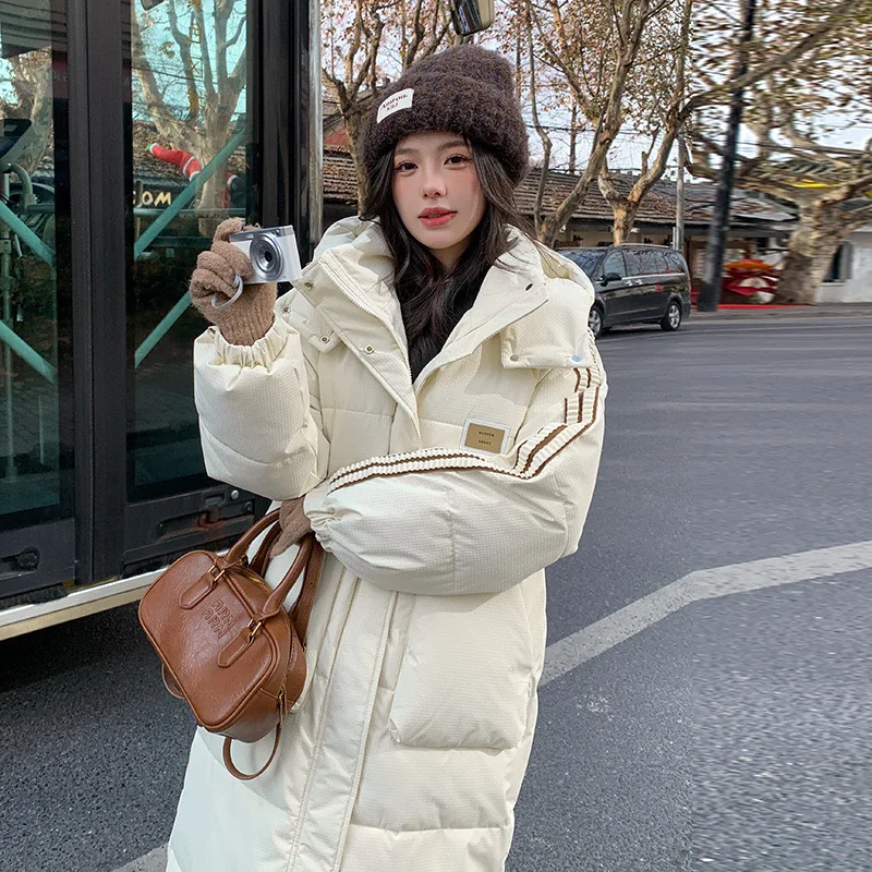 Winter Hooded Loose Long Parkas Tops Korea Thick Down Cotton Coats Windproof Chaqueta Casual Snow Wear Side Striped Women Casaco