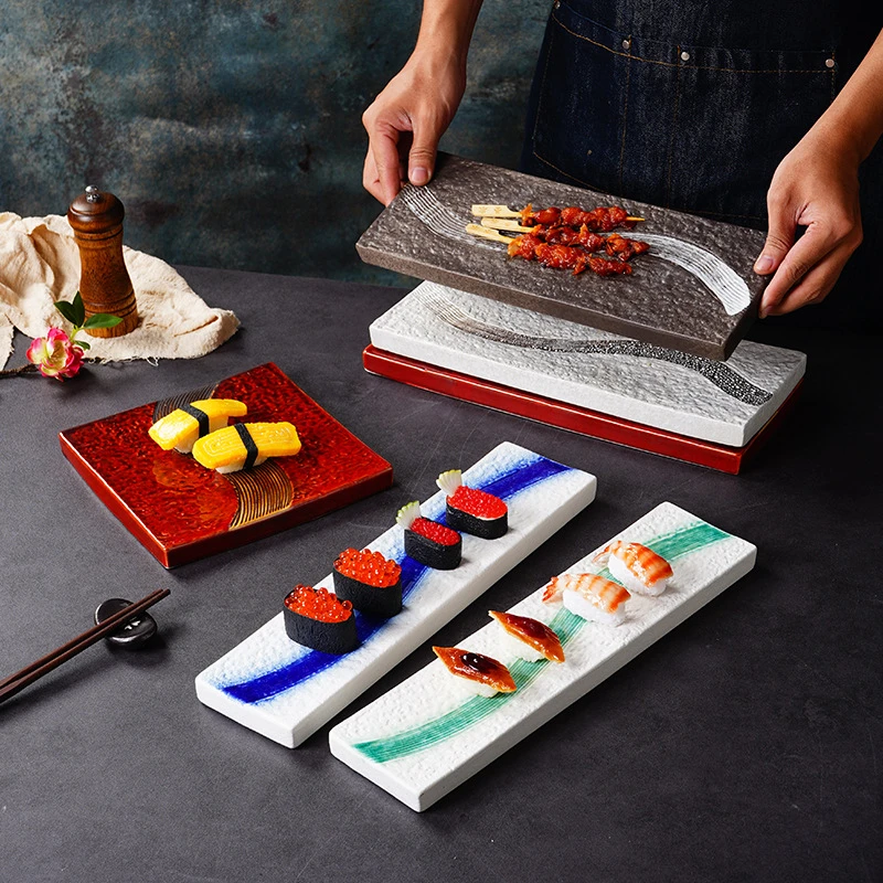 

Rectangular Flat Plate Sushi Snack Dish Dining Tools Restaurant Hotel Stone Pattern Ceramic Sashimi Salmon Tray Retro Tableware