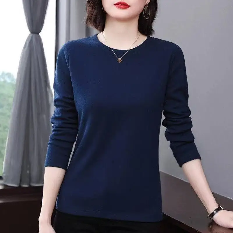 Fashionable Long Sleeve T-Shirt Women's Spring Autumn Base Layer Shirt Top Casual Style Universal Fit Slimming round Neck Sol...