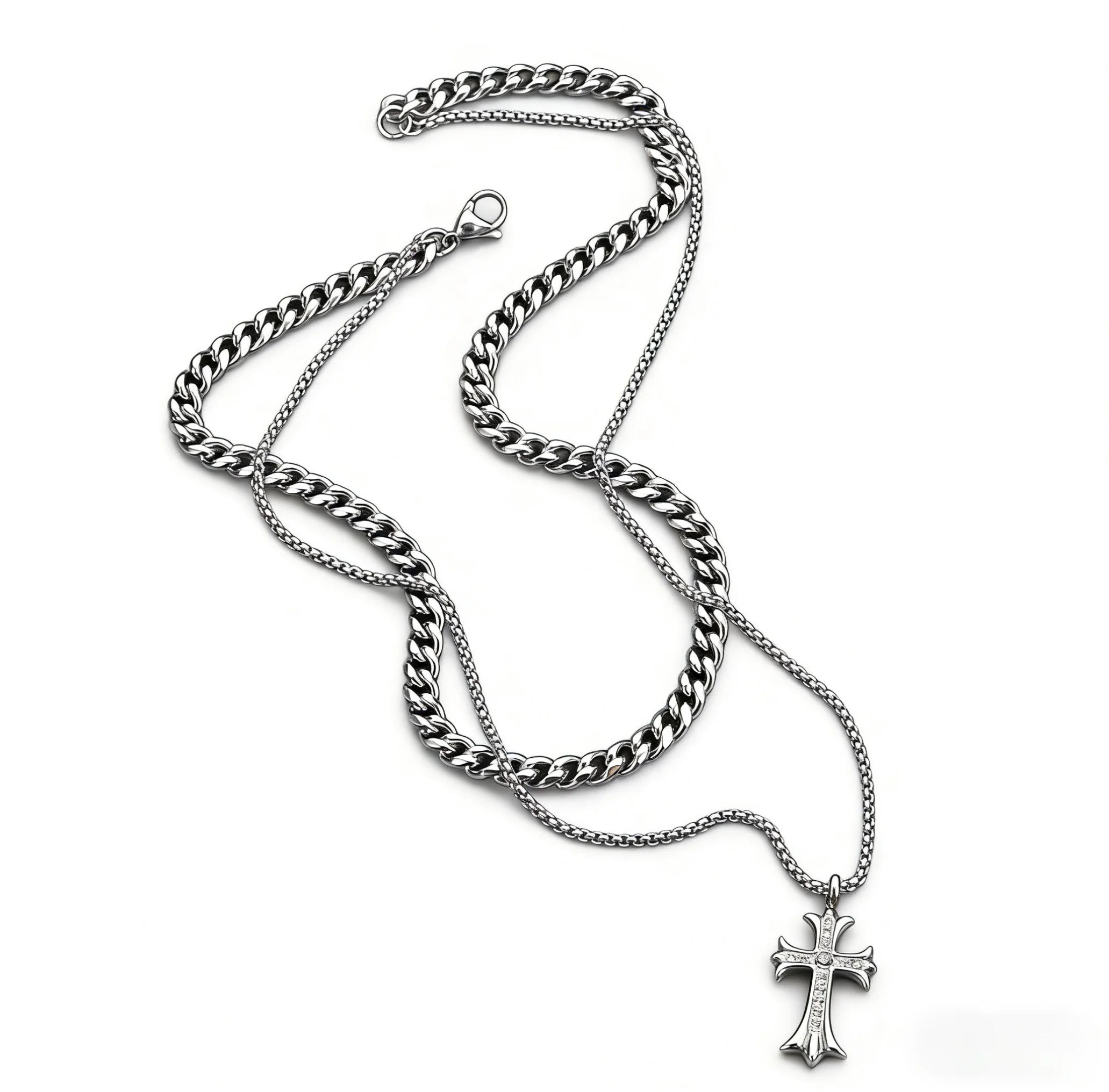 

Double Layer Cuban Chain Cross Necklace Titanium Steel Silver Pendant for Men Women Punk Hip Hop Street Jewelry