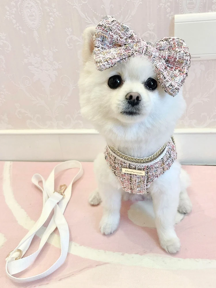 Princess Dog Clothes Tweed Harness With Leash Puppy Classic Clothes Chest Strap Vest With Bowknot For Small Dog