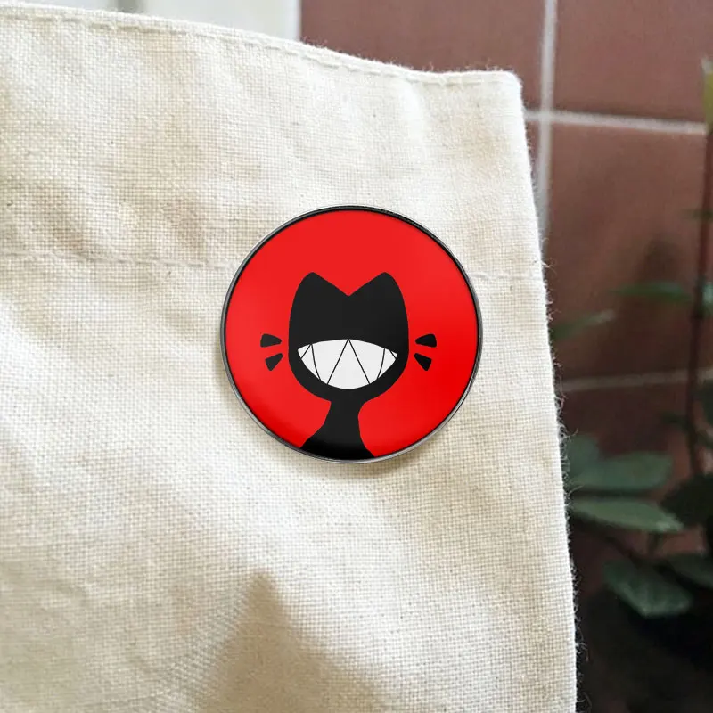 Bold Red Background Black Cat Grin UV Printing Pin Cartoon Style Brooch Lapel Badge Funny Animal Accessory Gift for Friends