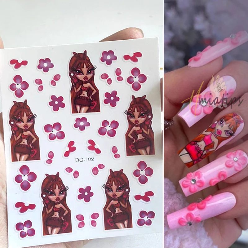 1 Sheet Pink Girl 3D Nail Stickers Self Adhesive Sliders Anime Stickers Nail Kawaii Cartoon Nail Art Decorations