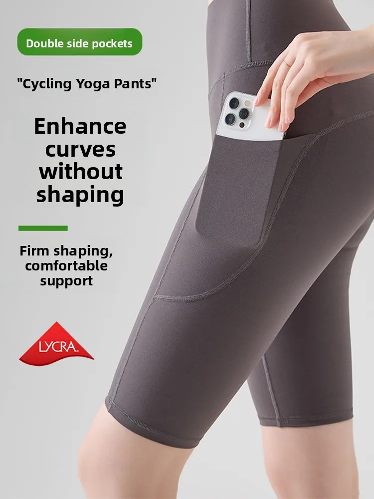 

High Waist Five Inch Yoga Pants Women's Thin Summer Qui Dry Cycling orts with kets Sports Running Fitn Bike Riding