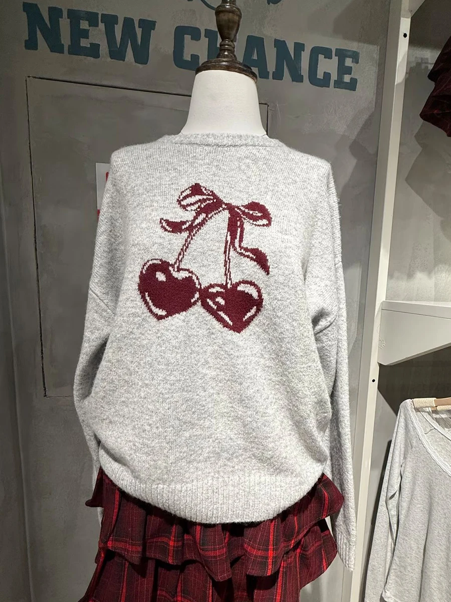 

Cherry Jacquard Sweater Woman O-neck Long Sleeve Cotton Pullover Top Female Casual Sweet Cute Preppy Style Knitted Jumpers New