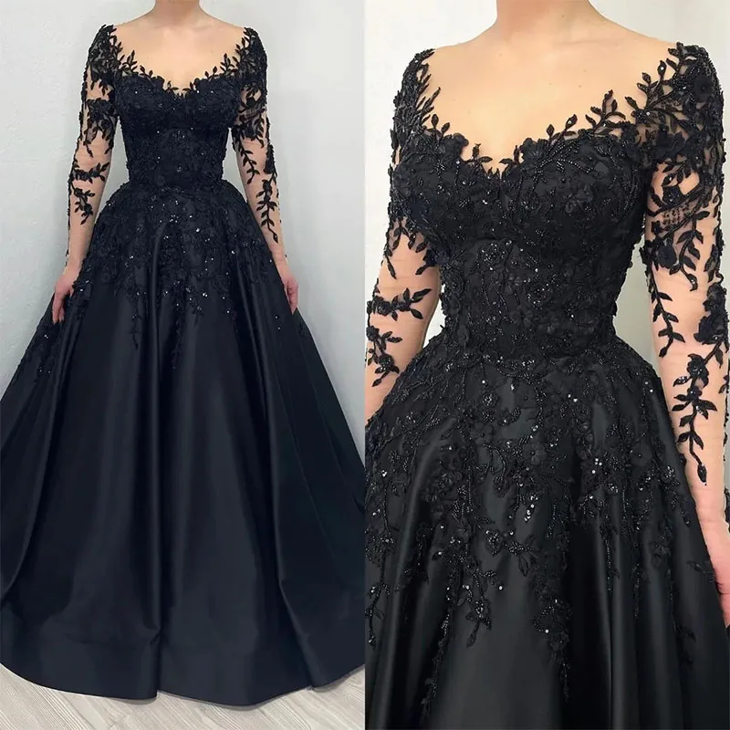 Elegante Preto Vestidos de Noite Linha A com Lantejoulas Apliques Renda, Manga Comprida, Vestido de Baile, Ocasião Especial