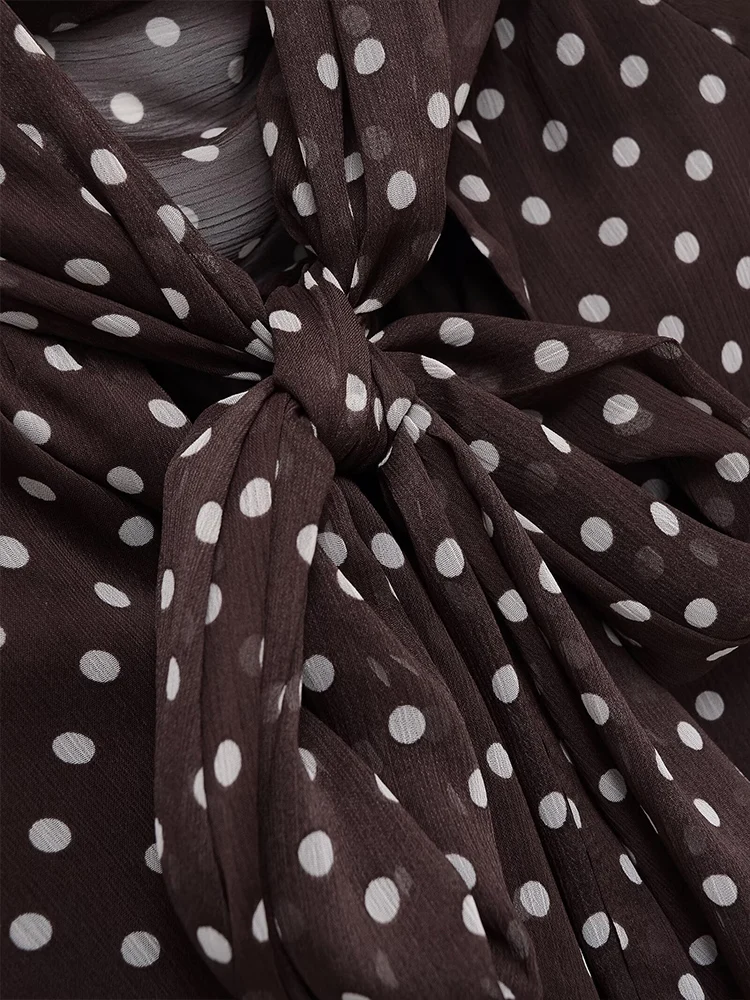 Estilo europeu novo feminino elegante e versátil solto polka dot arco camisa de manga comprida