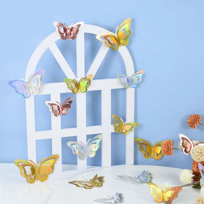 12PCS 3D Hollow Layered Butterfly Glitter Colorful Wall Sticker Children Bedroom Butterflies Wall Decals For Wedding Decorations