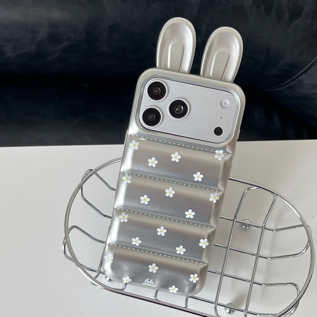 Fashion Premium Silver Stereoscopic Rabbit Ears With Flowers Pendant Shock Proof Phone Cover Case for iPhone 17 16 15 Pro Max view 3
