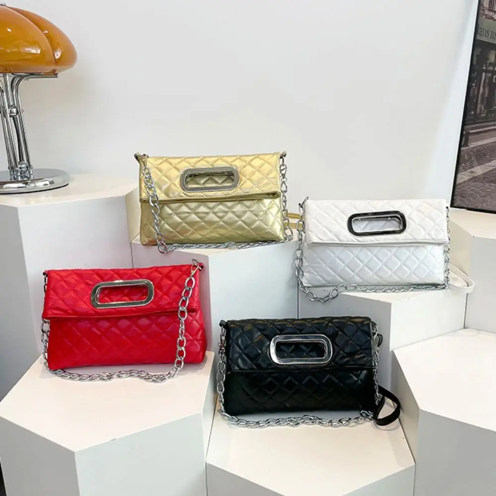 

Solid Color Folding Handbag Korean Style Grid Patterned Chain Shoulder Bag Phone Purse Underarm Bag Chain Crossbody Bag