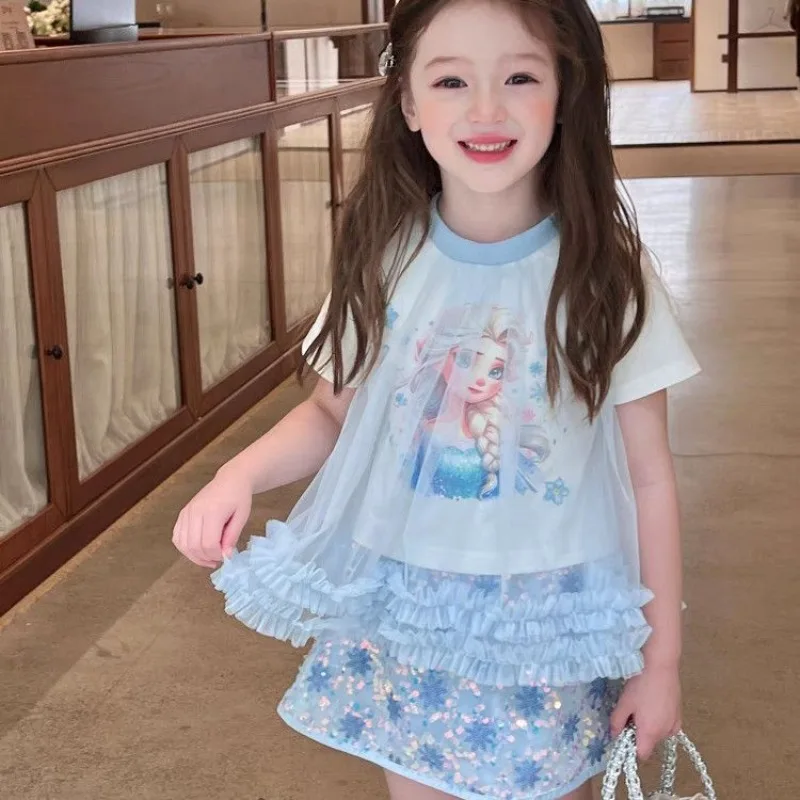 

New Princess Frozen Elsa Anime Peripherals Cartoon Character Short Sleeve Skirt Kawaii Girl Heart Girl Two Piece Holiday Gifts