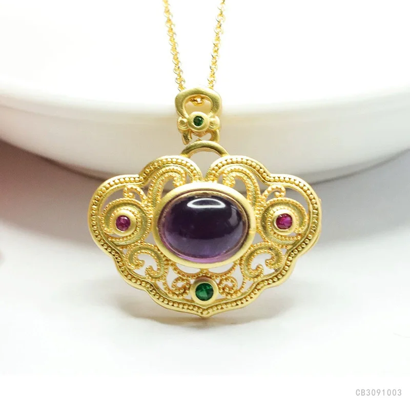 

Natural amethyst pendant, purple gemstone ruyi necklace, retro.