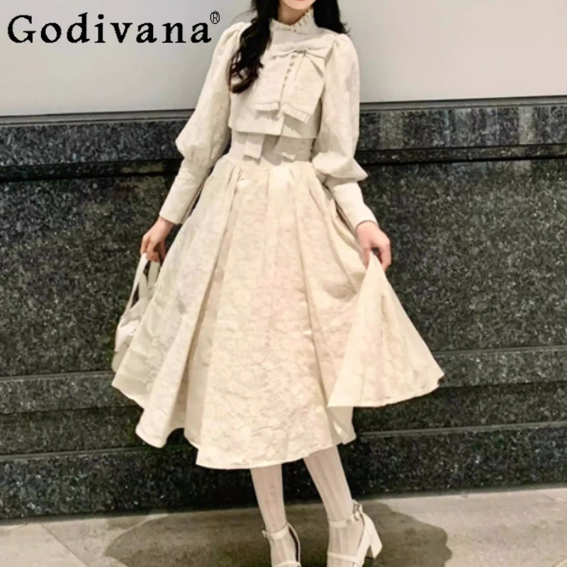 

Spring Autumn Elegant French Heavy Industry Lace Suspender Dress Sweet Girls Versatile Age Reduction High Waist Lolita Cos Sets