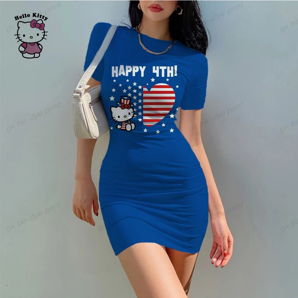 2024 Hello Kitty Cartoon 3d Print Sexy vestito attillato borsa moda estiva Hip Beach Party High Street o-collo abiti Hot Sal